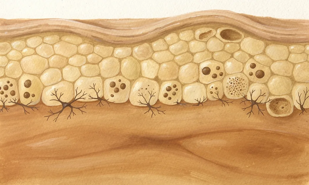 Painted cutaway of skin with branching pigment cells beneath the surface